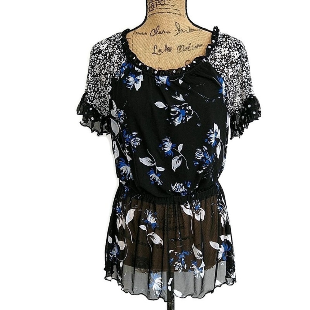 Cato Blouse Womens Small Blackโ Floral Mesh Ruffle Flutter Sleeve Peplum Top